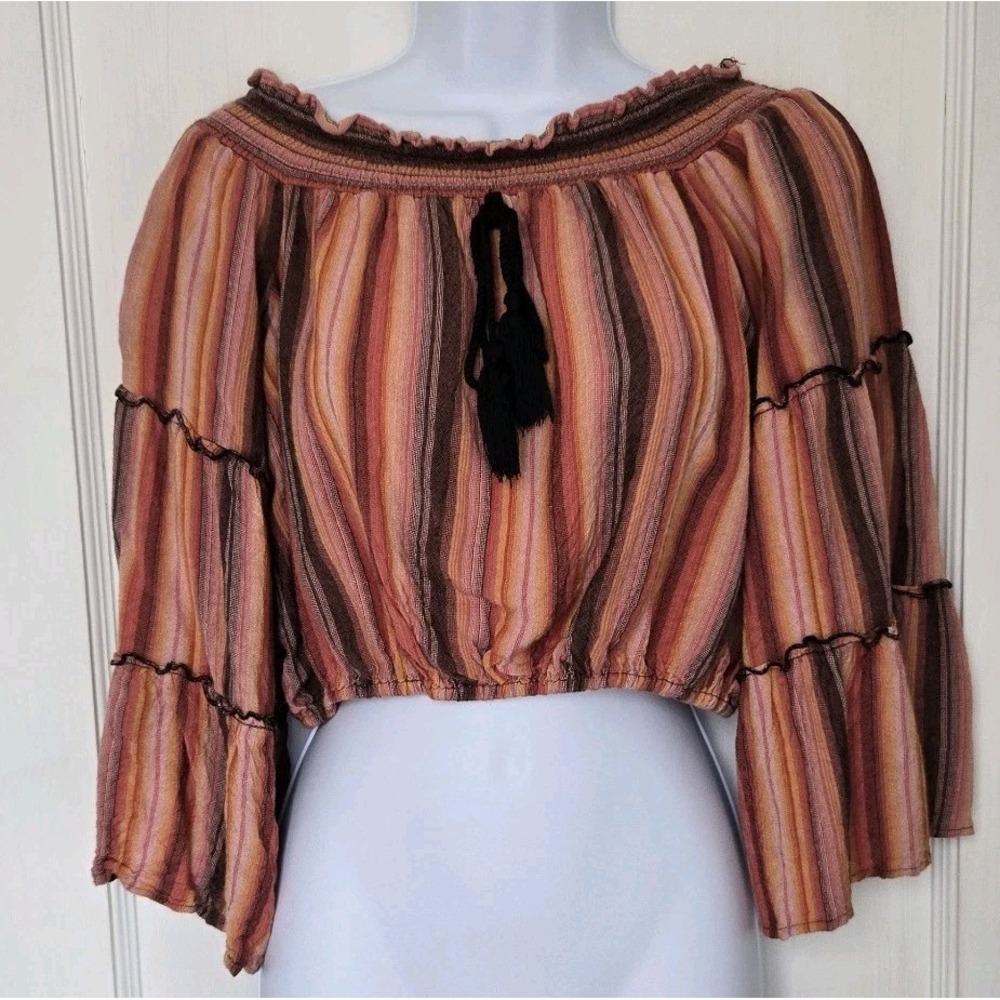 Wonderly Women's Cropped Festival Off Shoulder Top Tiered Flared Sleeves Medium